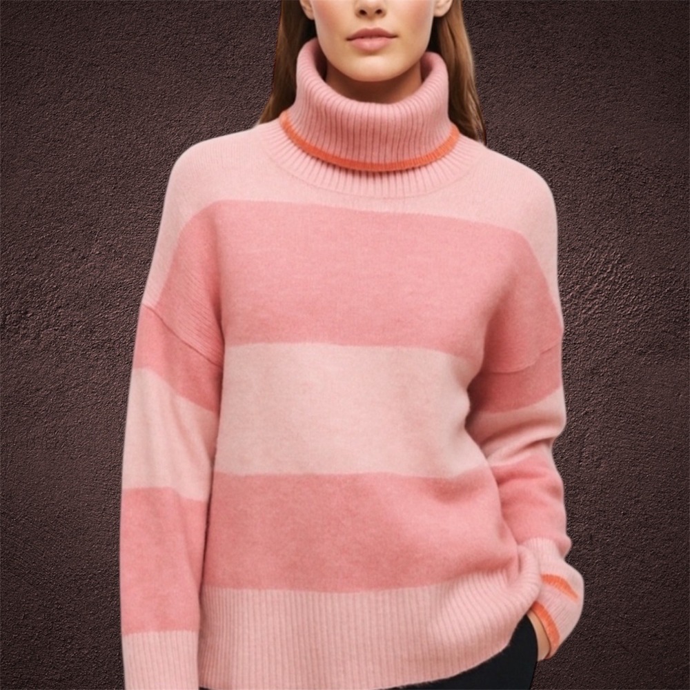 J Crew Pink Striped Turtleneck Sweater Cozy Merinowool Blend Size Small